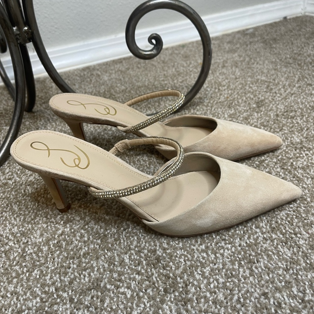 Sam Edelman Beige Pointed-Toe Mules with Rhinestone Strap - Picture 2 of 5